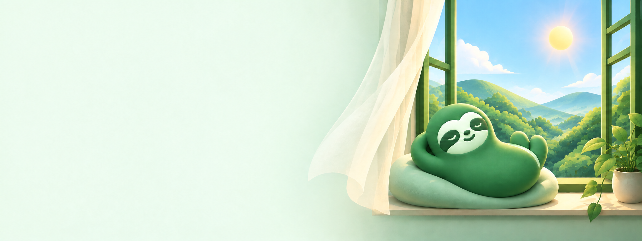 De groene mascotte neemt rust bij een open raam met uitzicht op de natuur.